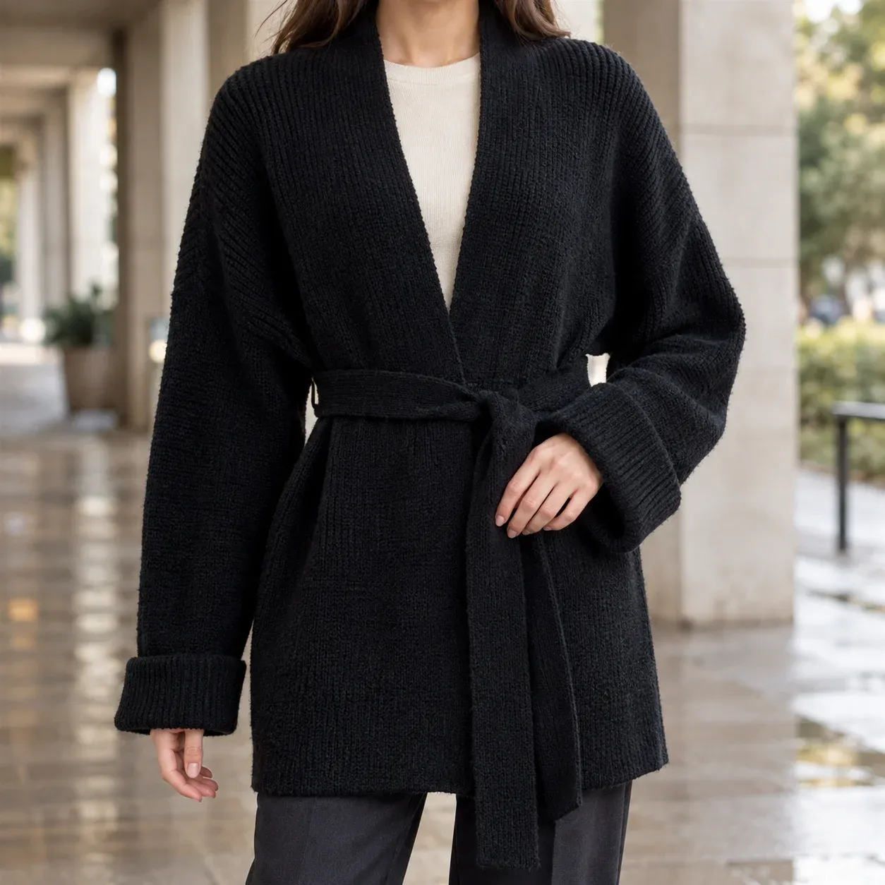 Michelle Belted Cardigan — Black worn view