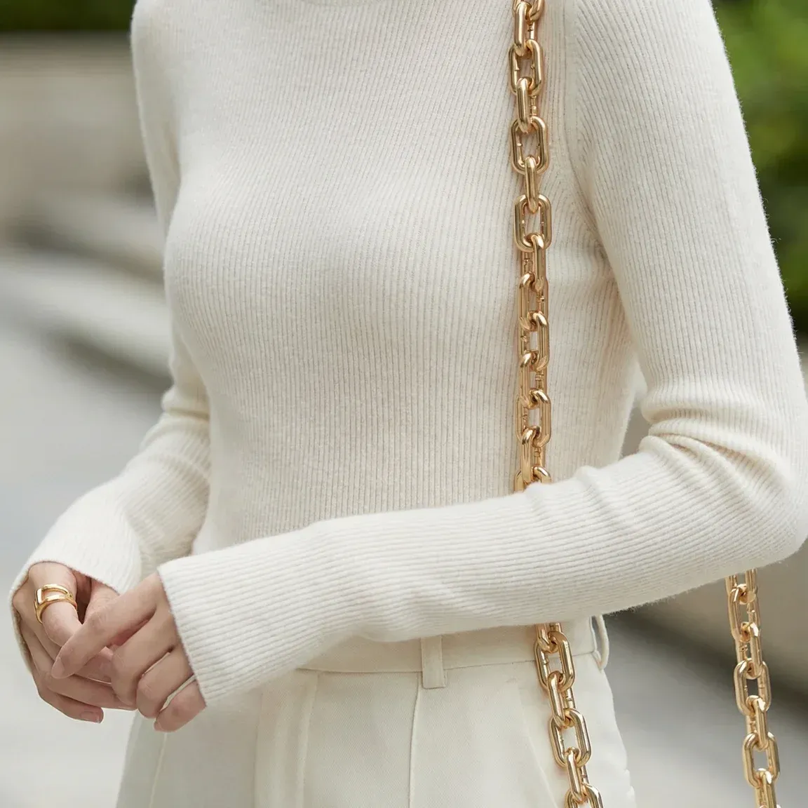 Aria Rib Turtleneck — White lower garment detail