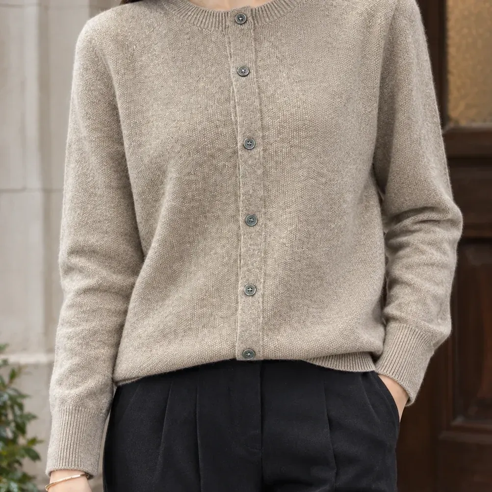 Aster Button Cardigan — Taupe construction detail