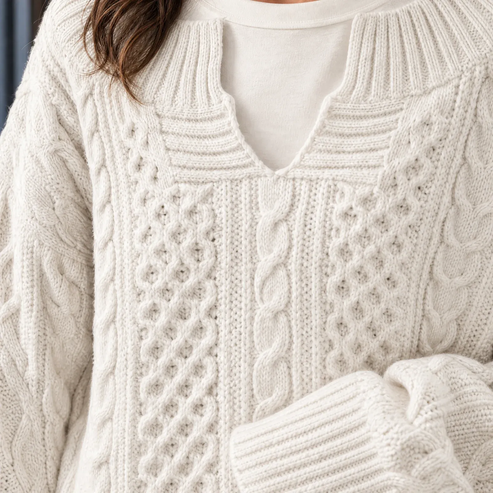Fernanda Cable Sweater — White construction detail