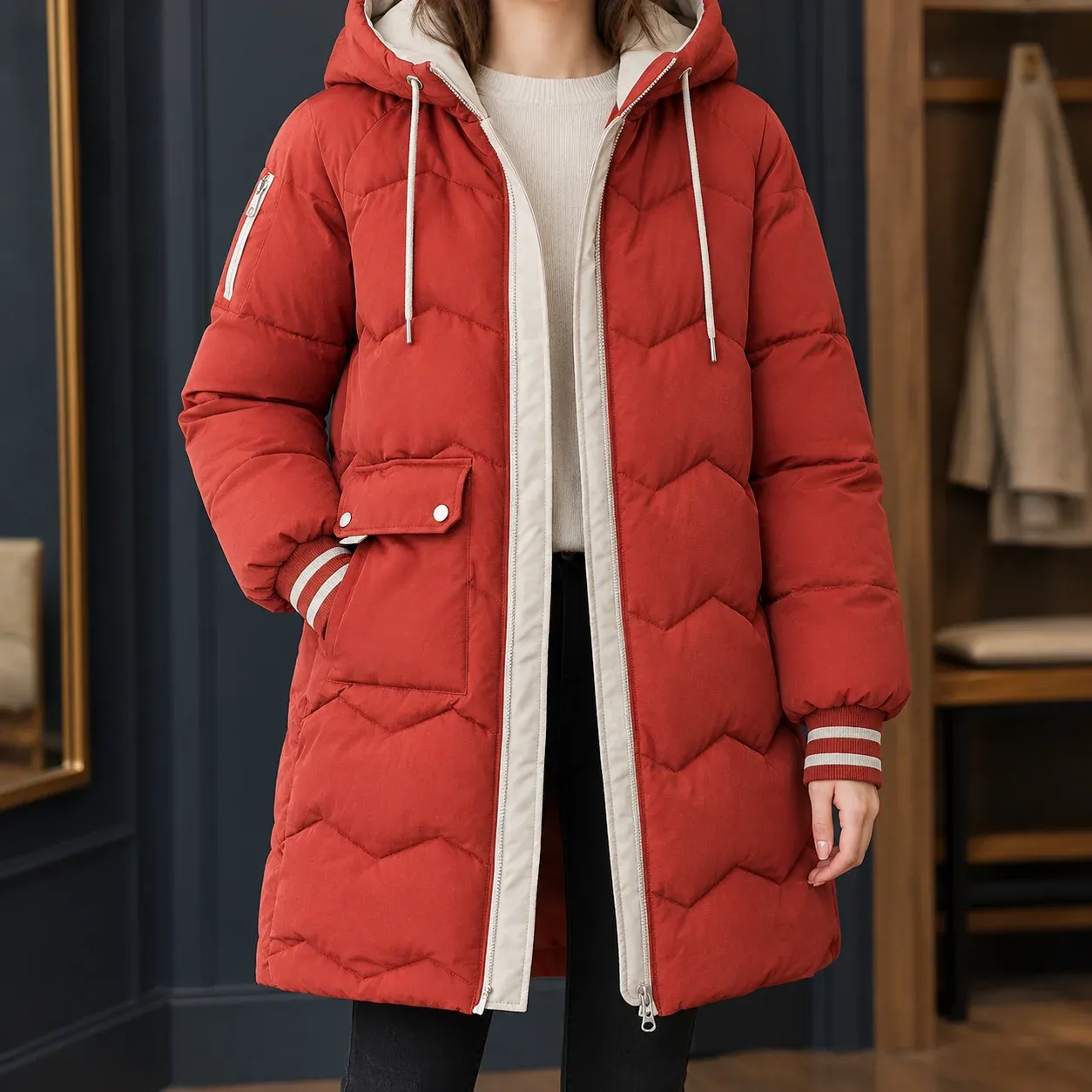 Mariella Hooded Coat — Red worn view