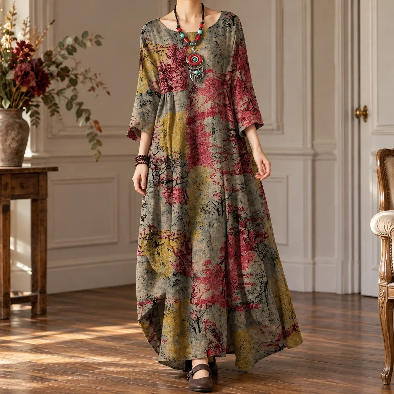 Lucienne Printed Maxi Dress — full garment worn in context