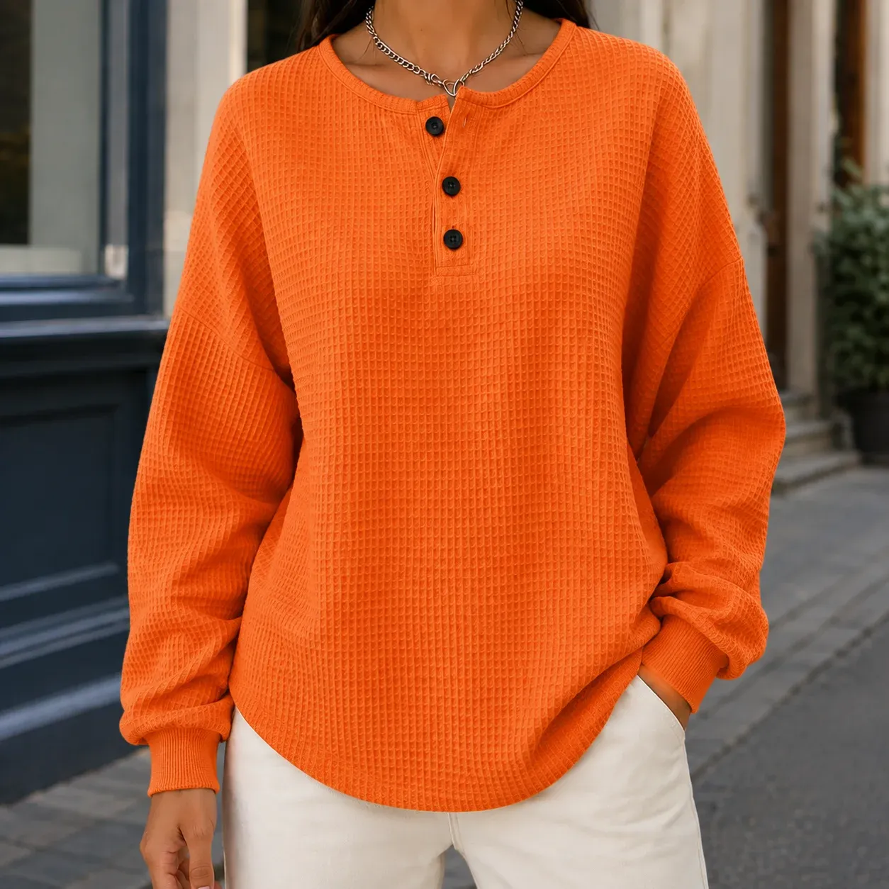 Annabel Waffle Henley — Orange worn view