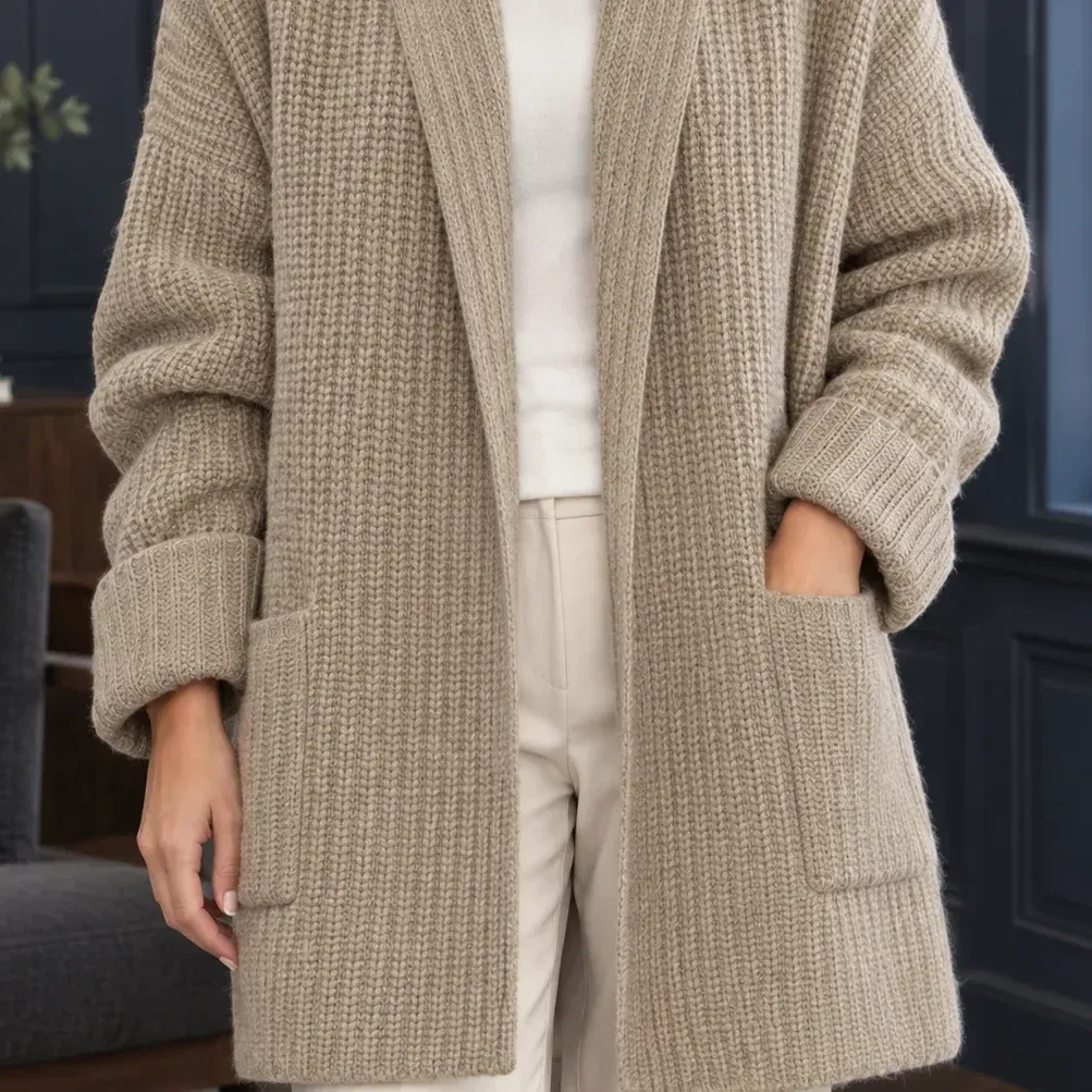 Blair Open Cardigan — Khaki lower garment detail