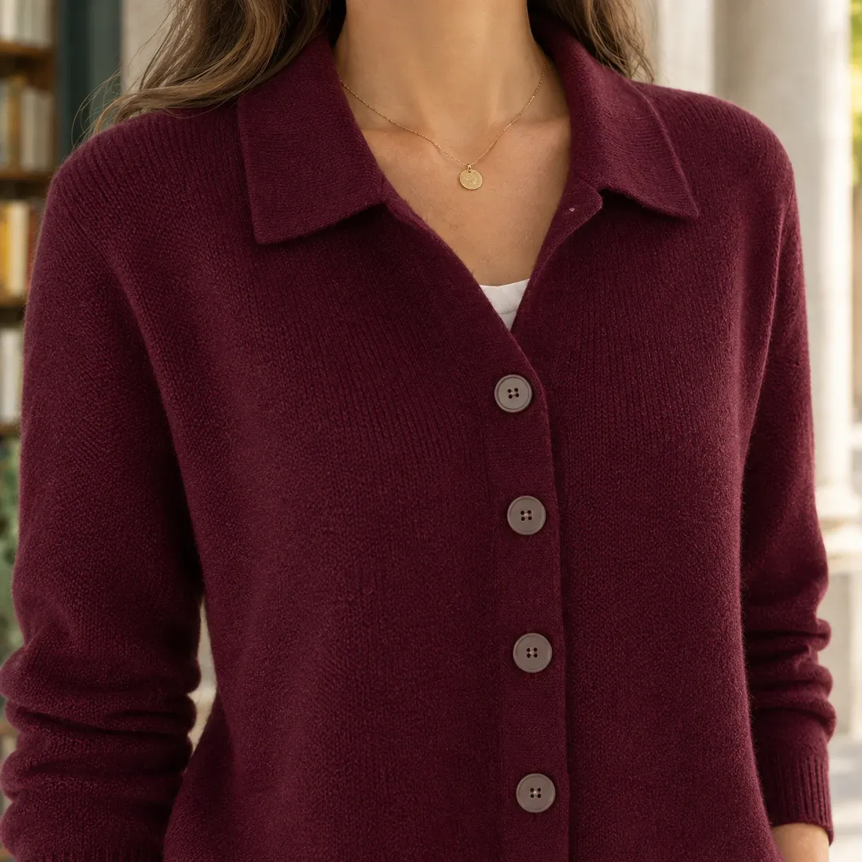 April Collared Cardigan — Burgundy construction detail