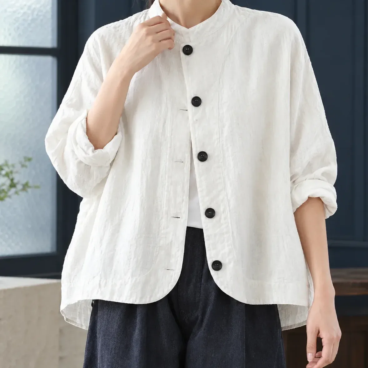 Stella Button Jacket — White cropped fit view