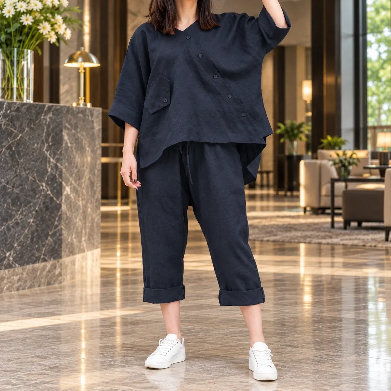 Rhea Cotton Two-Piece Set, in use; styling objects are not included