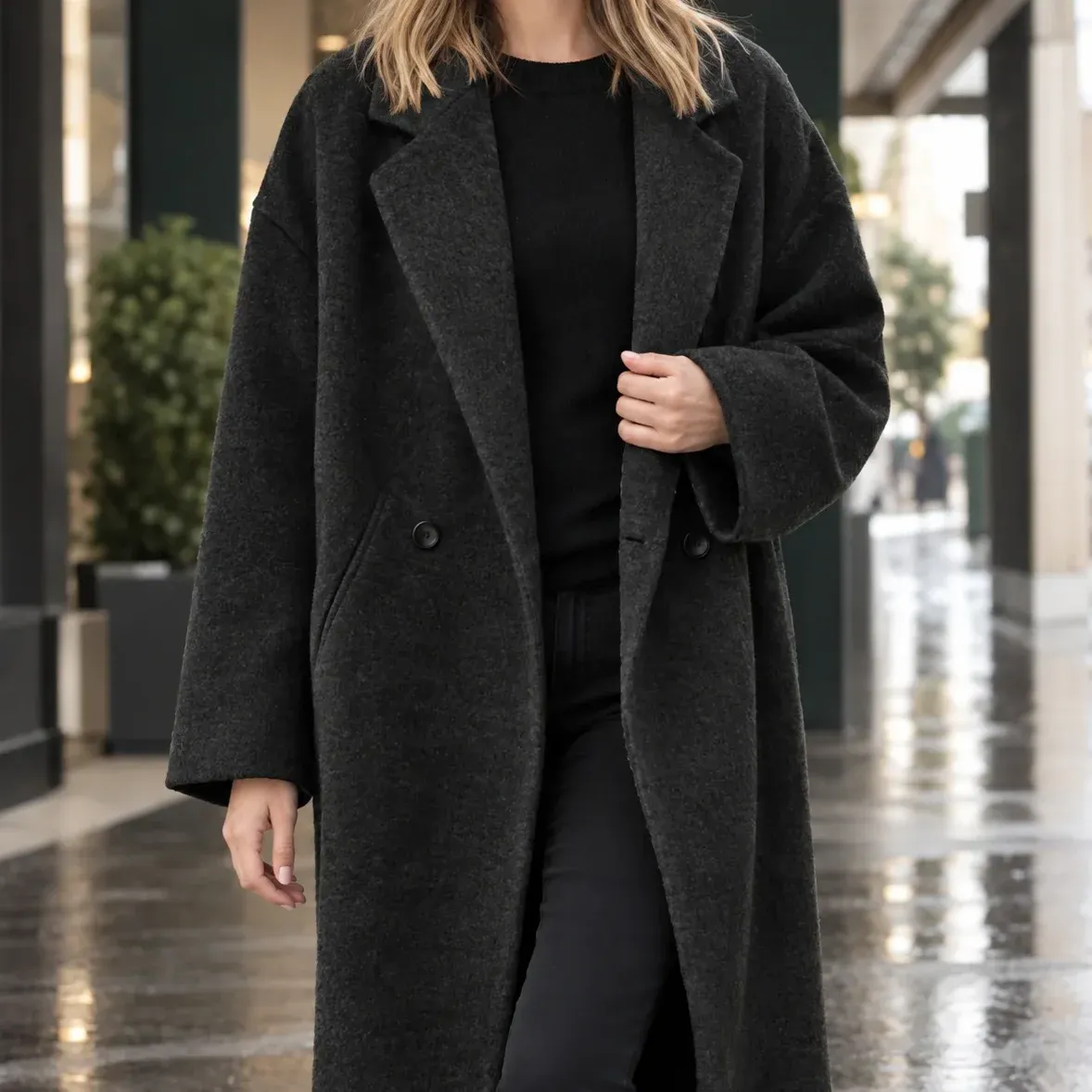 Daphne Relaxed Coat — Black cropped fit view