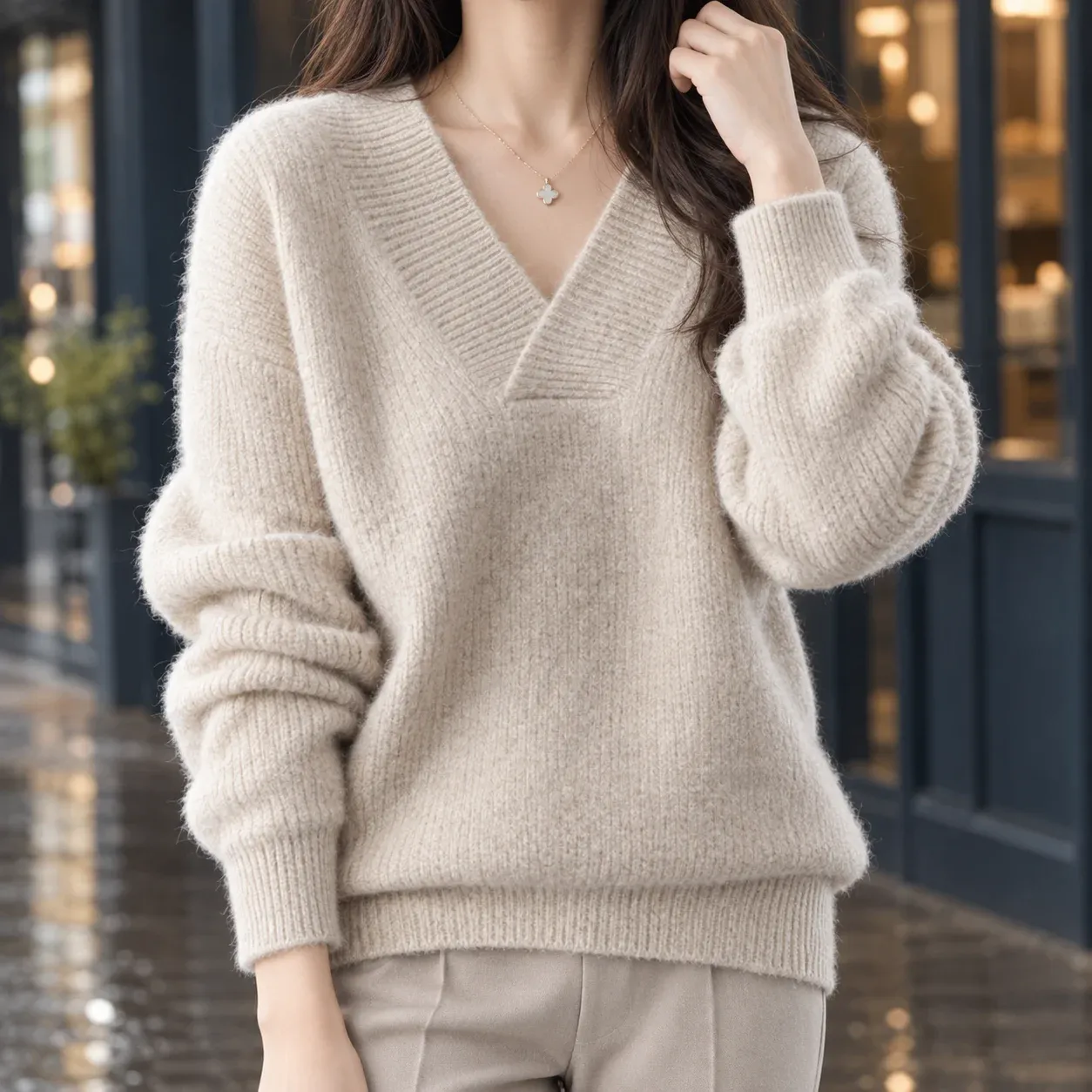 Joelle Wide-V Sweater — Creamy-white worn view