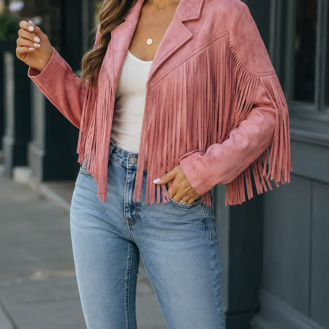 Giselle Fringe Jacket — Pink cropped fit view