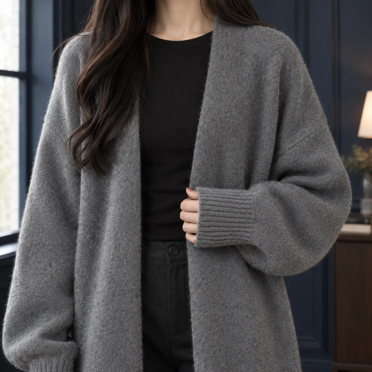 Aria Long Cardigan — Dark Gray construction detail