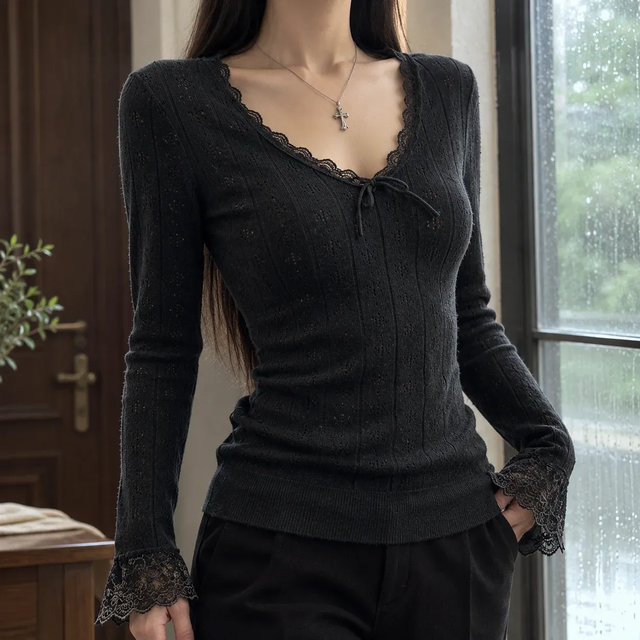 Stacey Lace Knit — Black worn view