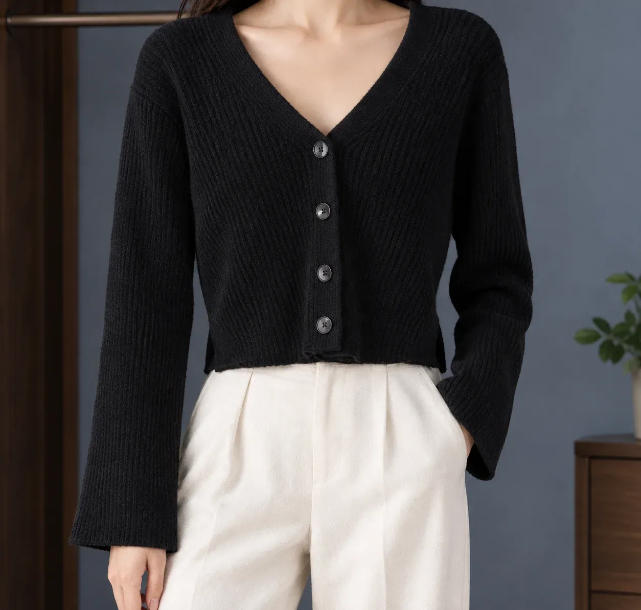 Raven Ribbed Cropped Cardigan — photograph 1