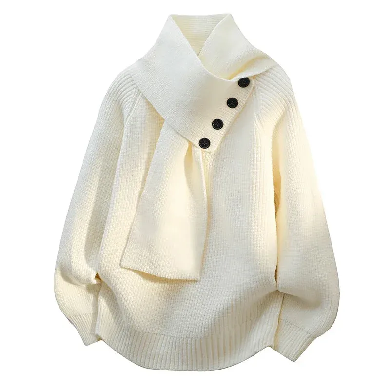 Aurelia Button-Neck Knit — White flat-lay construction