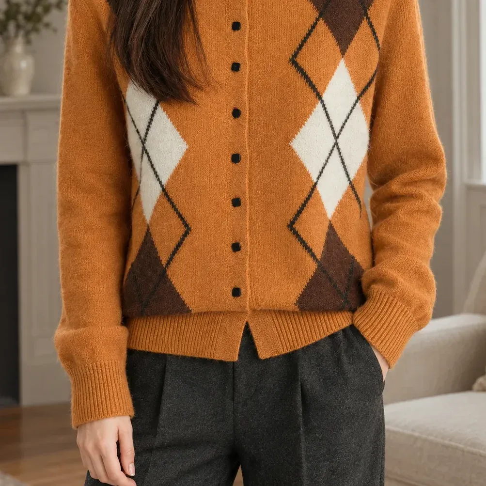 Leocadia Argyle Cardigan — Pumpkin Orange lower garment detail