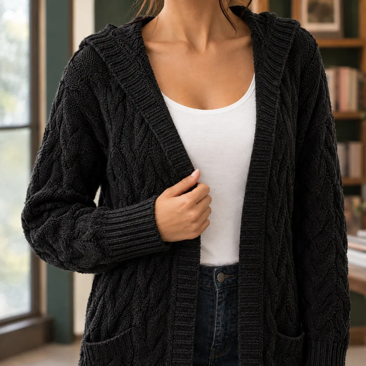 Giselle Cable Cardigan — Black construction detail