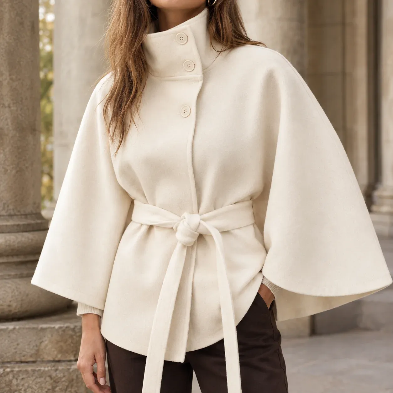 Apolline Belted Cape — White worn view