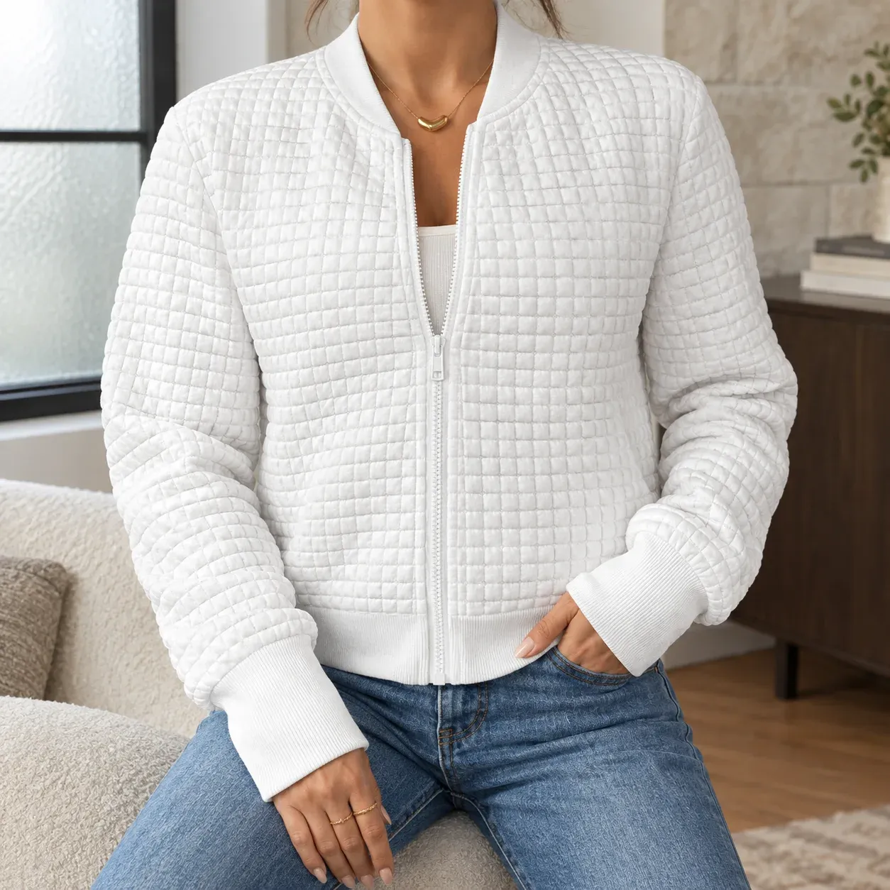 Isabelle Grid Jacket — White worn view