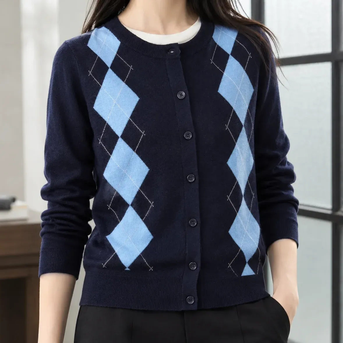 Madeleine Argyle Cardigan — Navy Blue cropped fit view