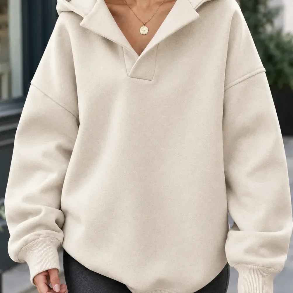 Celeste Collared Hoodie — Beige construction detail