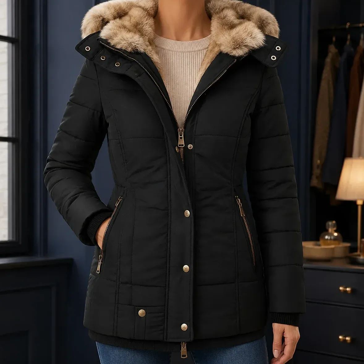 Renata Hooded Puffer — Black cropped fit view