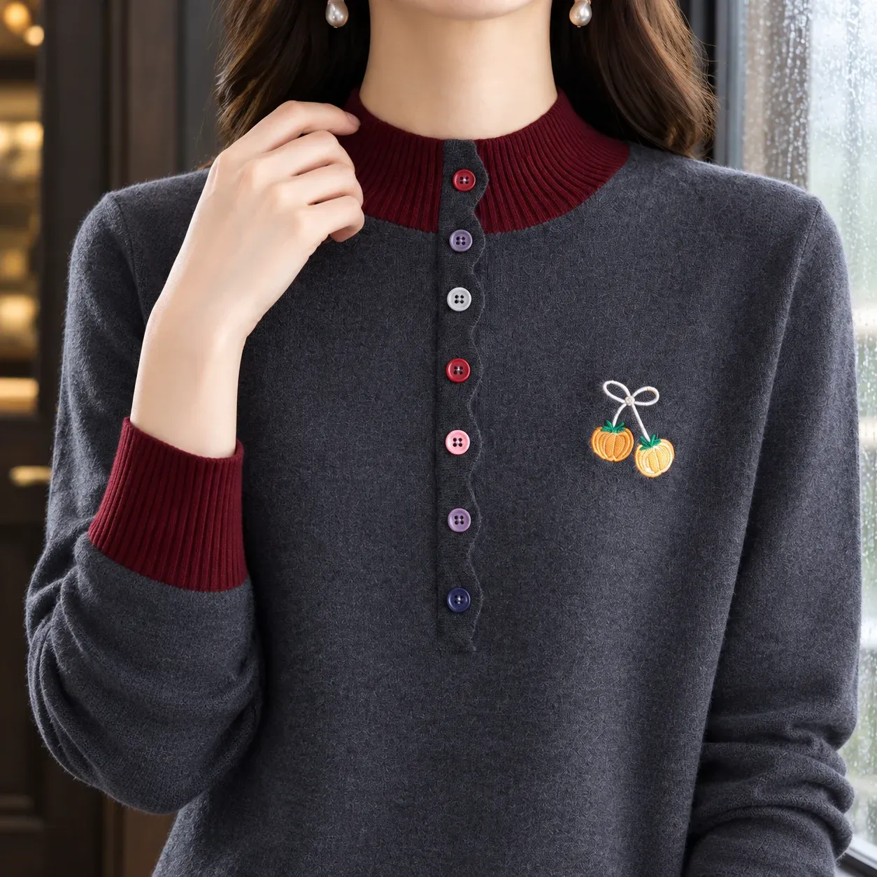 Ashley Button-Neck Sweater — Gray construction detail