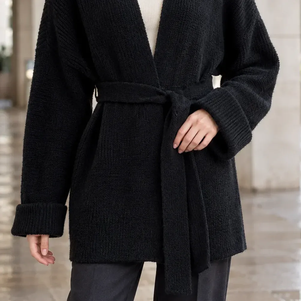 Michelle Belted Cardigan — Black garment detail