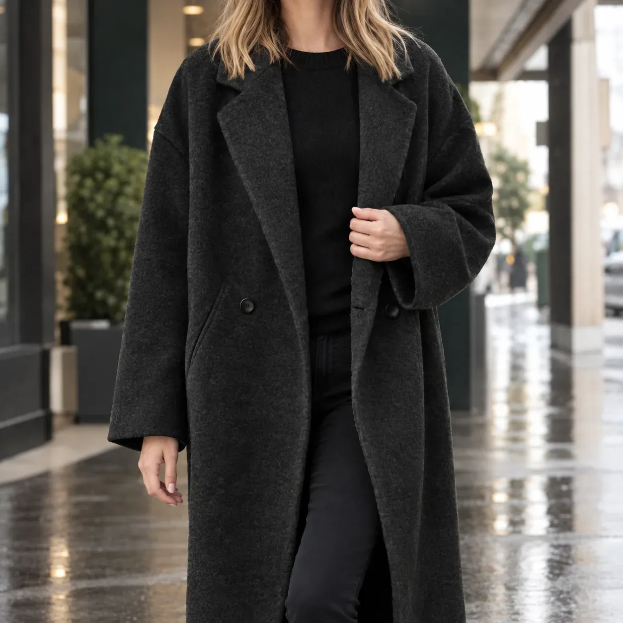 Daphne Relaxed Coat — Black worn view