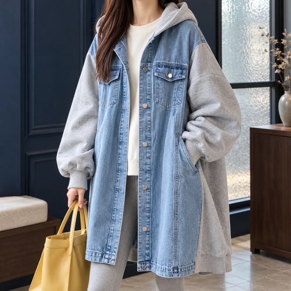 Leonie Hooded Denim Jacket — front worn view