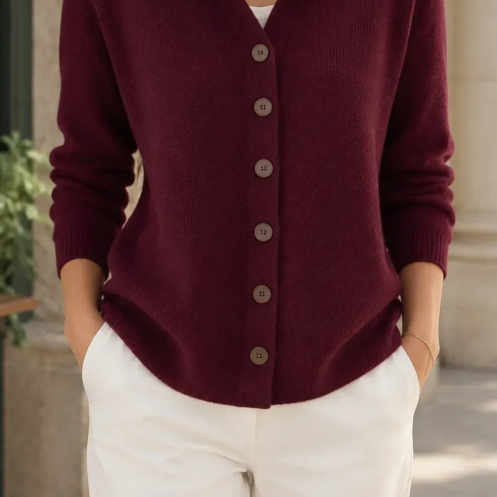 April Collared Cardigan — Burgundy lower garment detail
