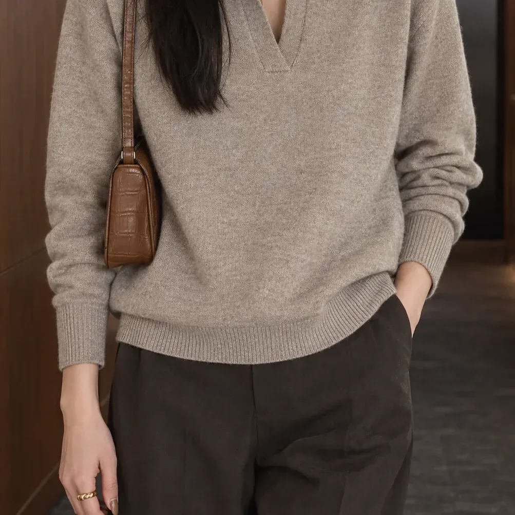 Briony Polo Sweater — Beige lower garment detail