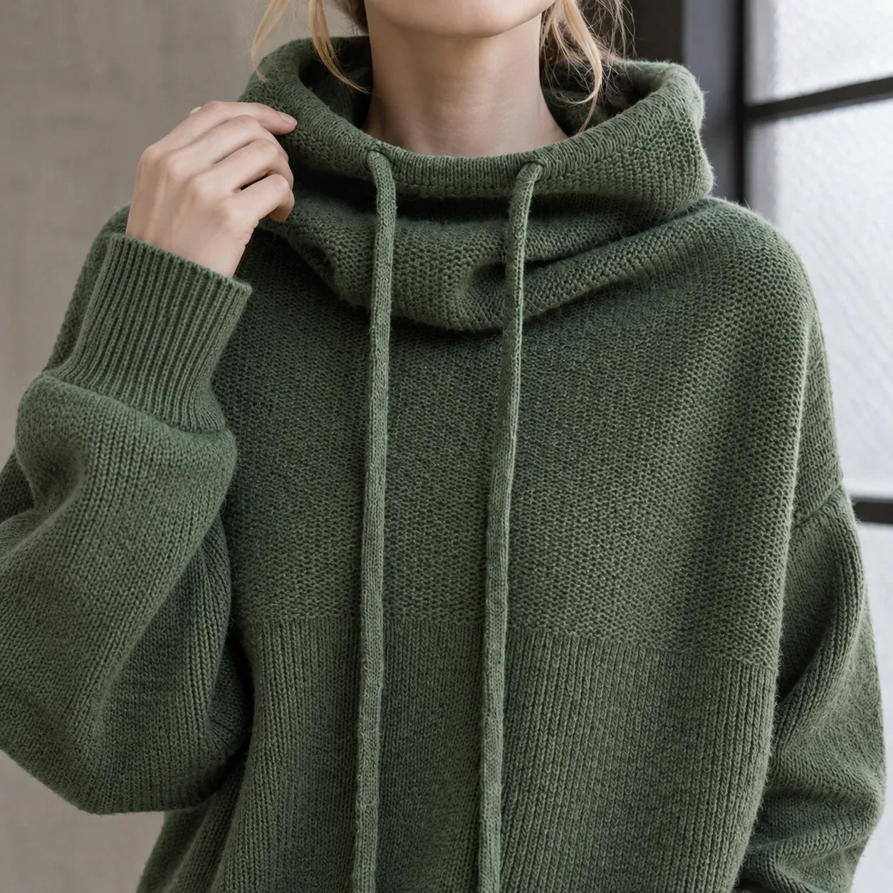 Delia Drawcord Sweater — Pine Green construction detail