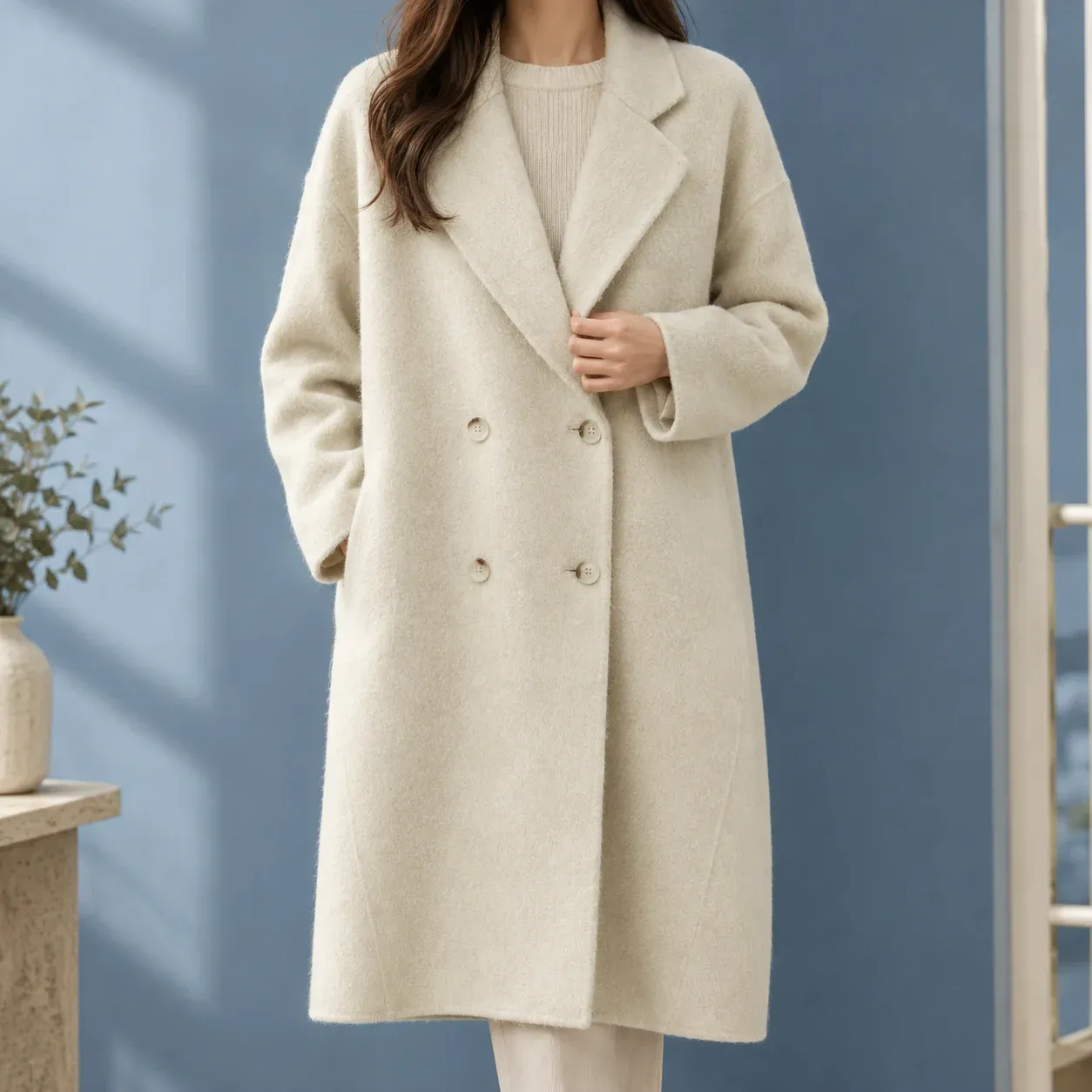 Margot Cocoon Coat — Creamy-white worn view