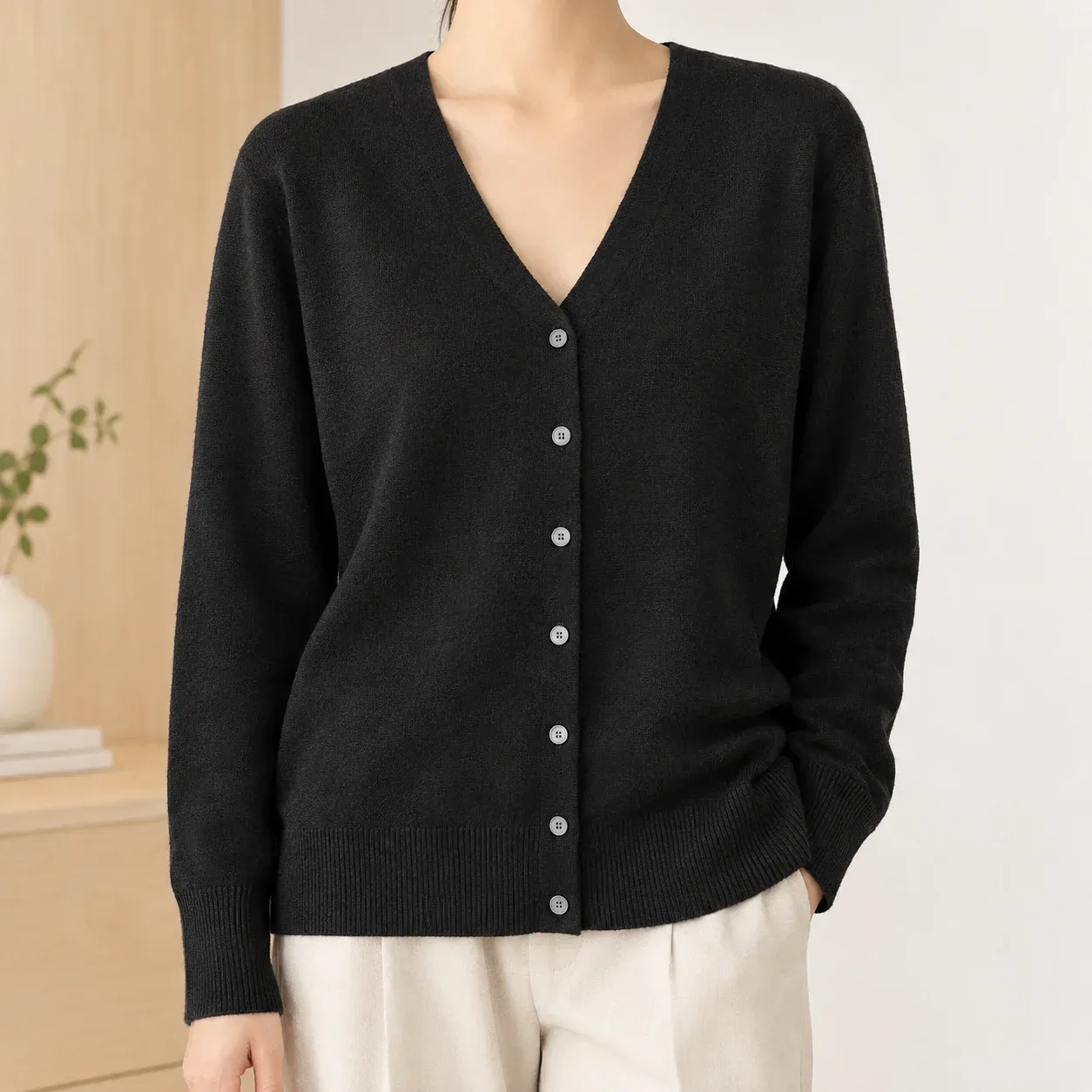 Diantha Fine Cardigan — Black worn view