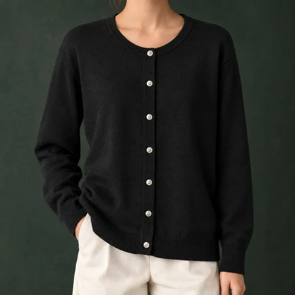Danielle Button Cardigan — Black worn view