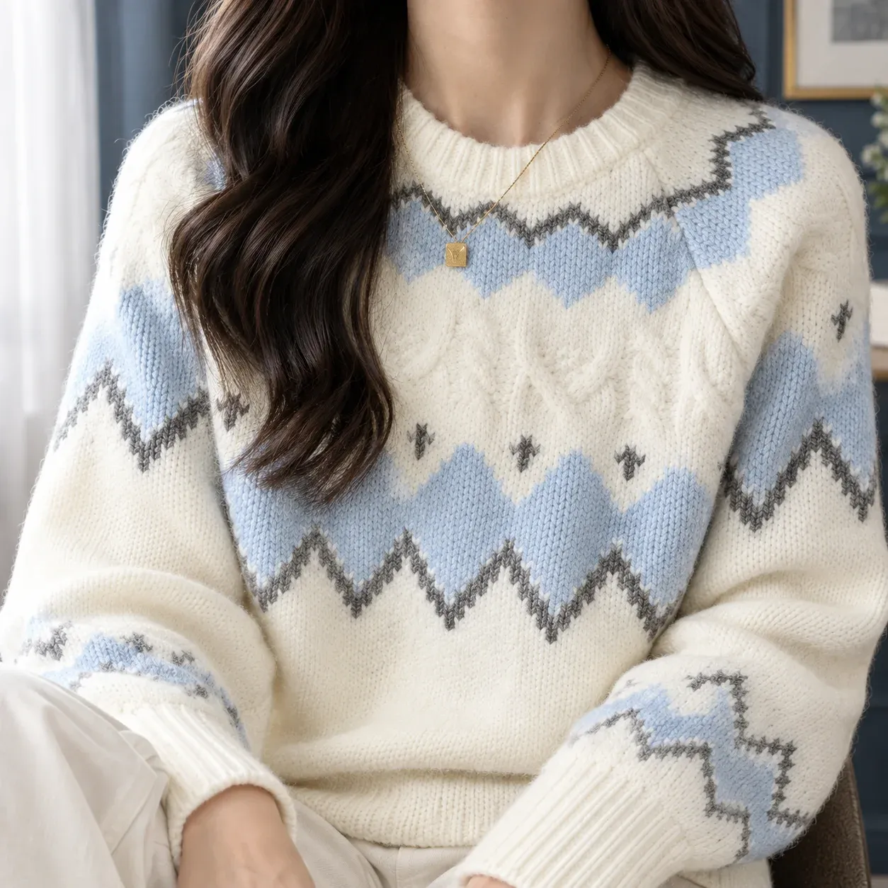 Morgan Fair Isle Sweater — Light Blue construction detail