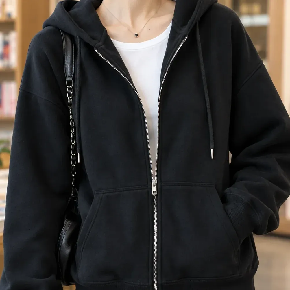 Bettina Zip Hoodie — Black construction detail