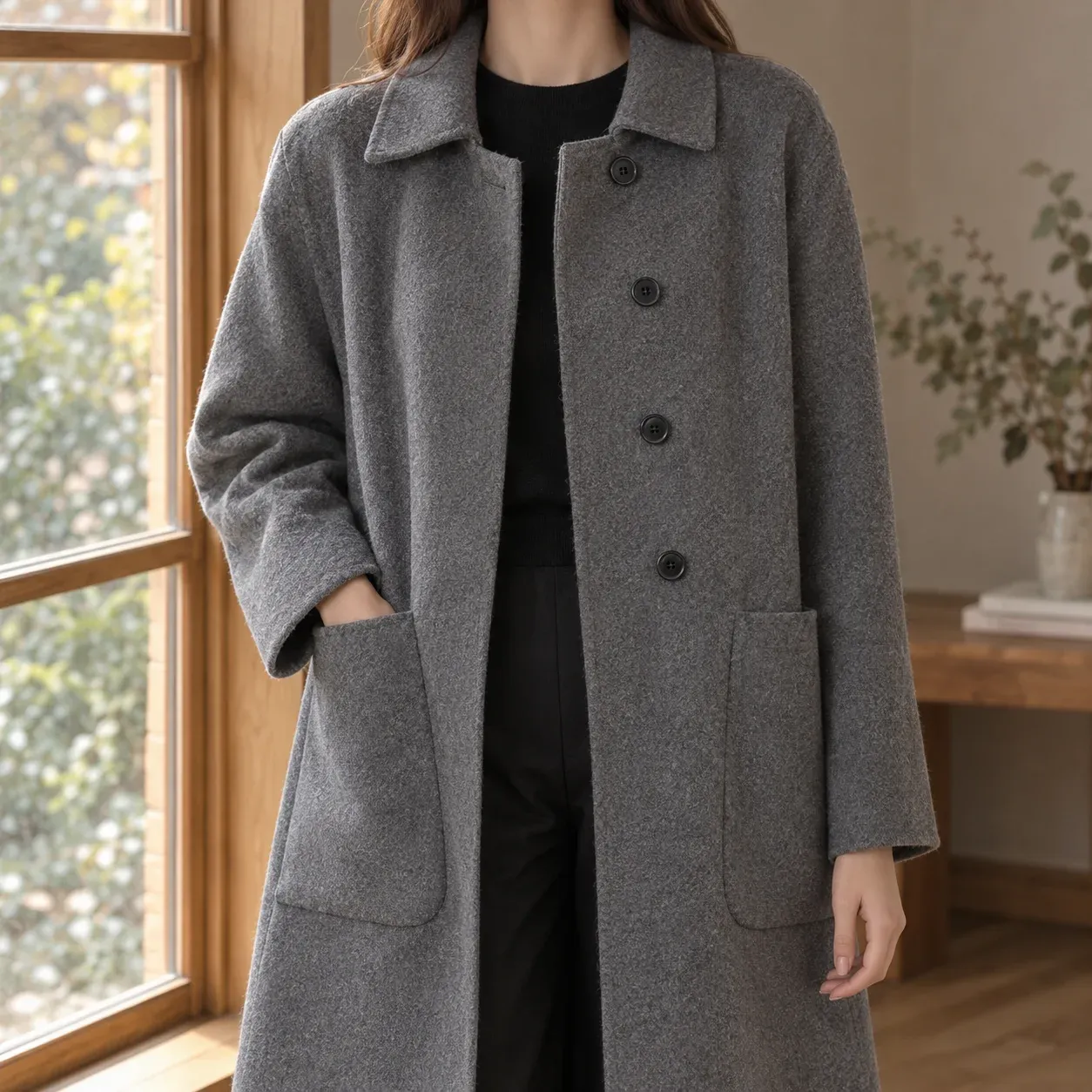 Ameline Textured Coat — Gray worn view