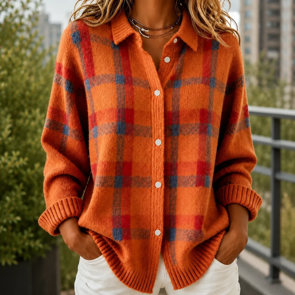 Faye Plaid Cardigan — Orange worn view