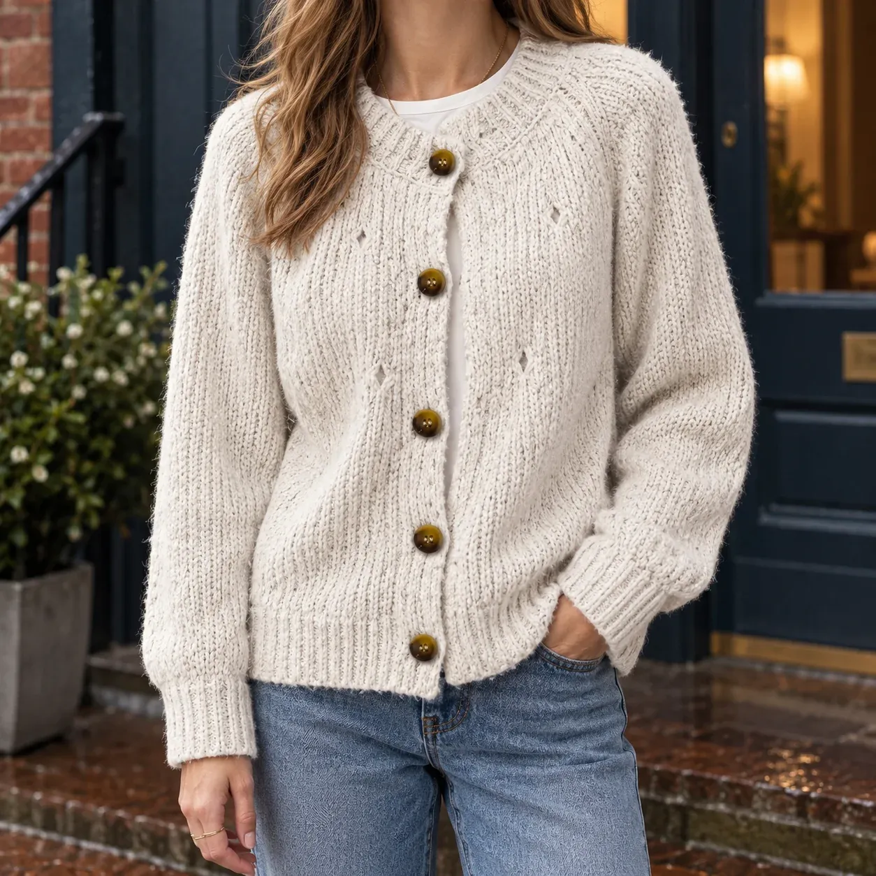Zoe Textured Cardigan — Ivory worn view
