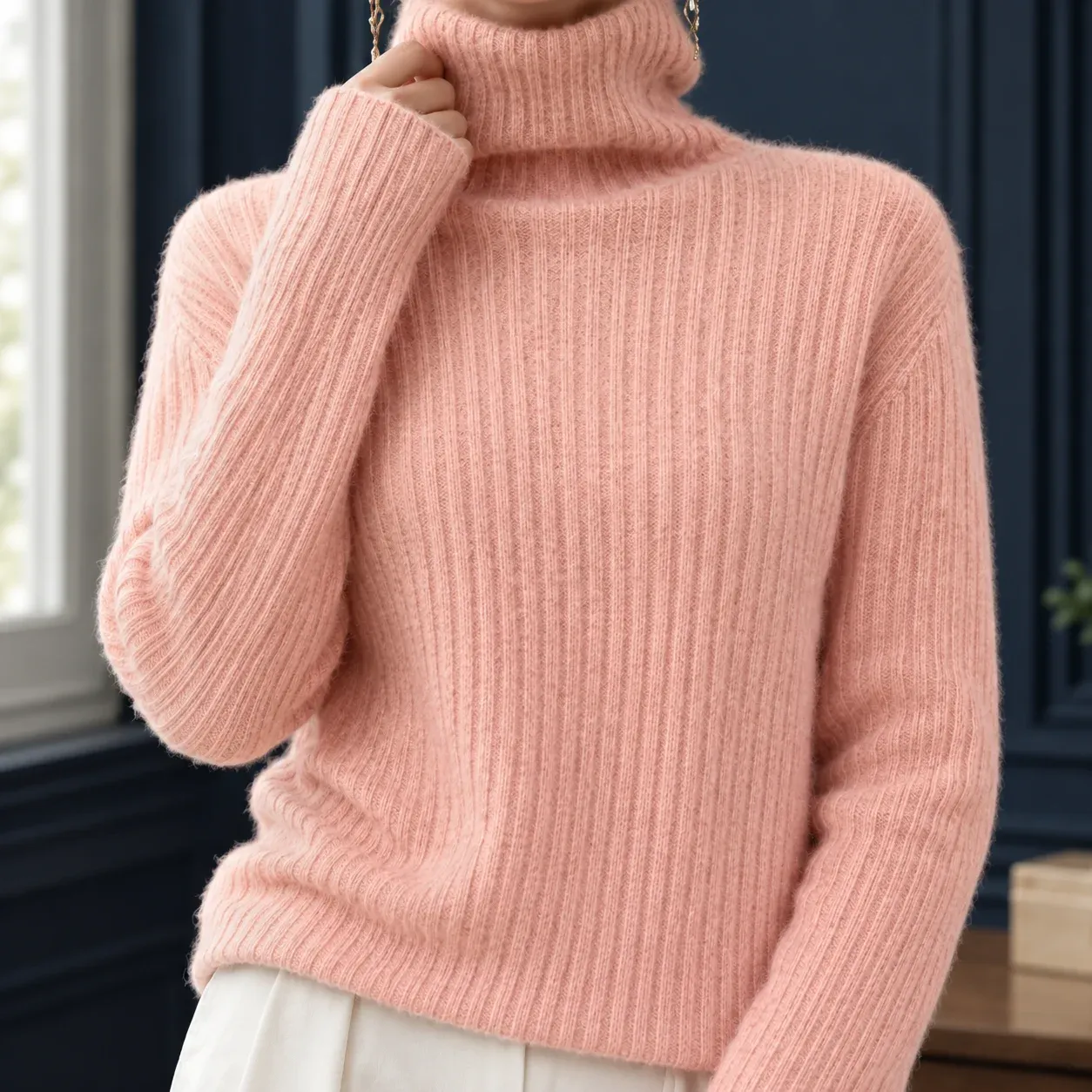 Annabel Ribbed Turtleneck — Pink construction detail