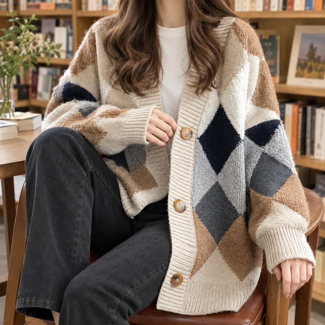 Clarisse Diamond Cardigan — Khaki worn view