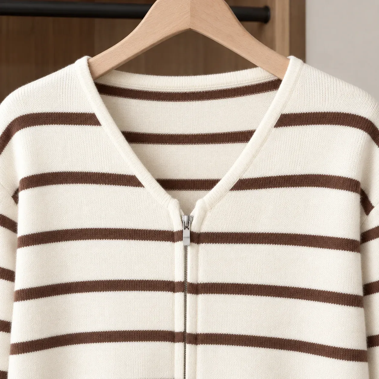 Tessa Stripe Cardigan — Cream Brown source construction detail