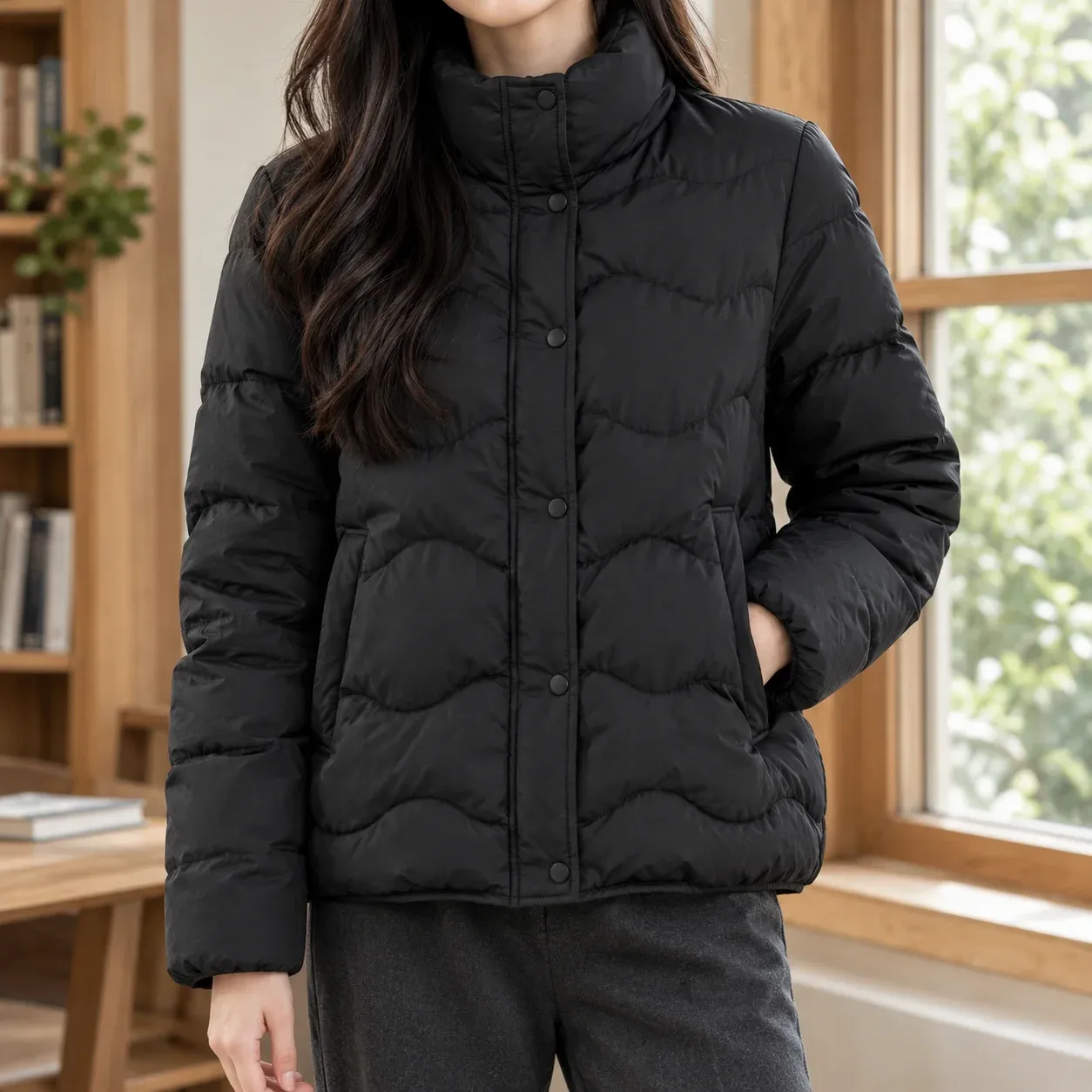 Aurore Quilted Jacket — Black worn view