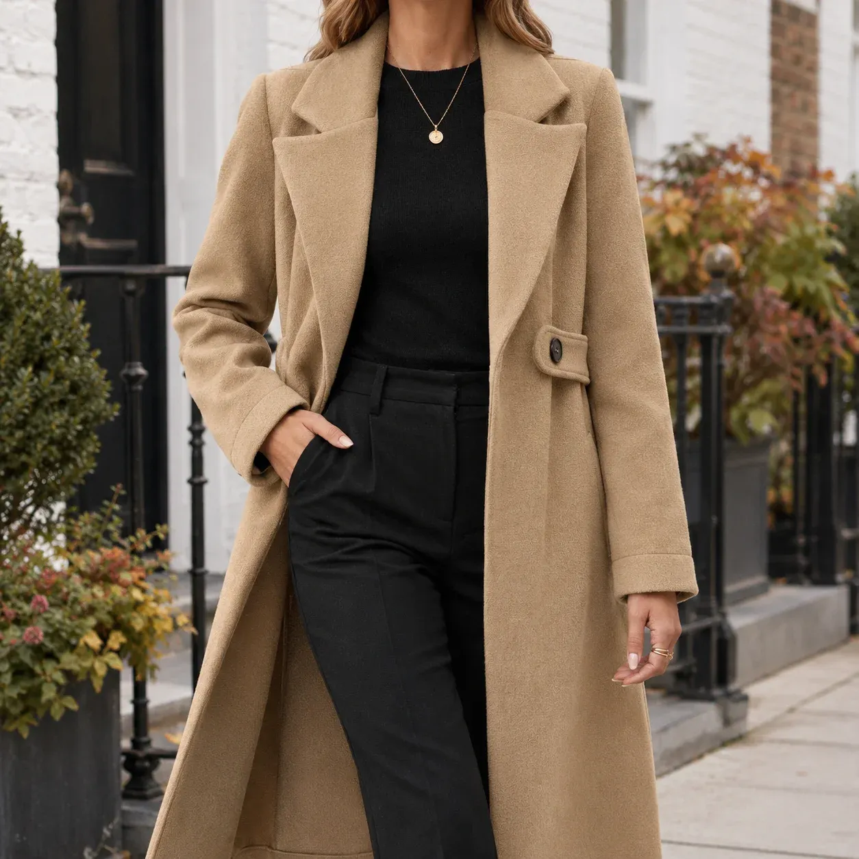 Brigitta Longline Coat — Camel worn view