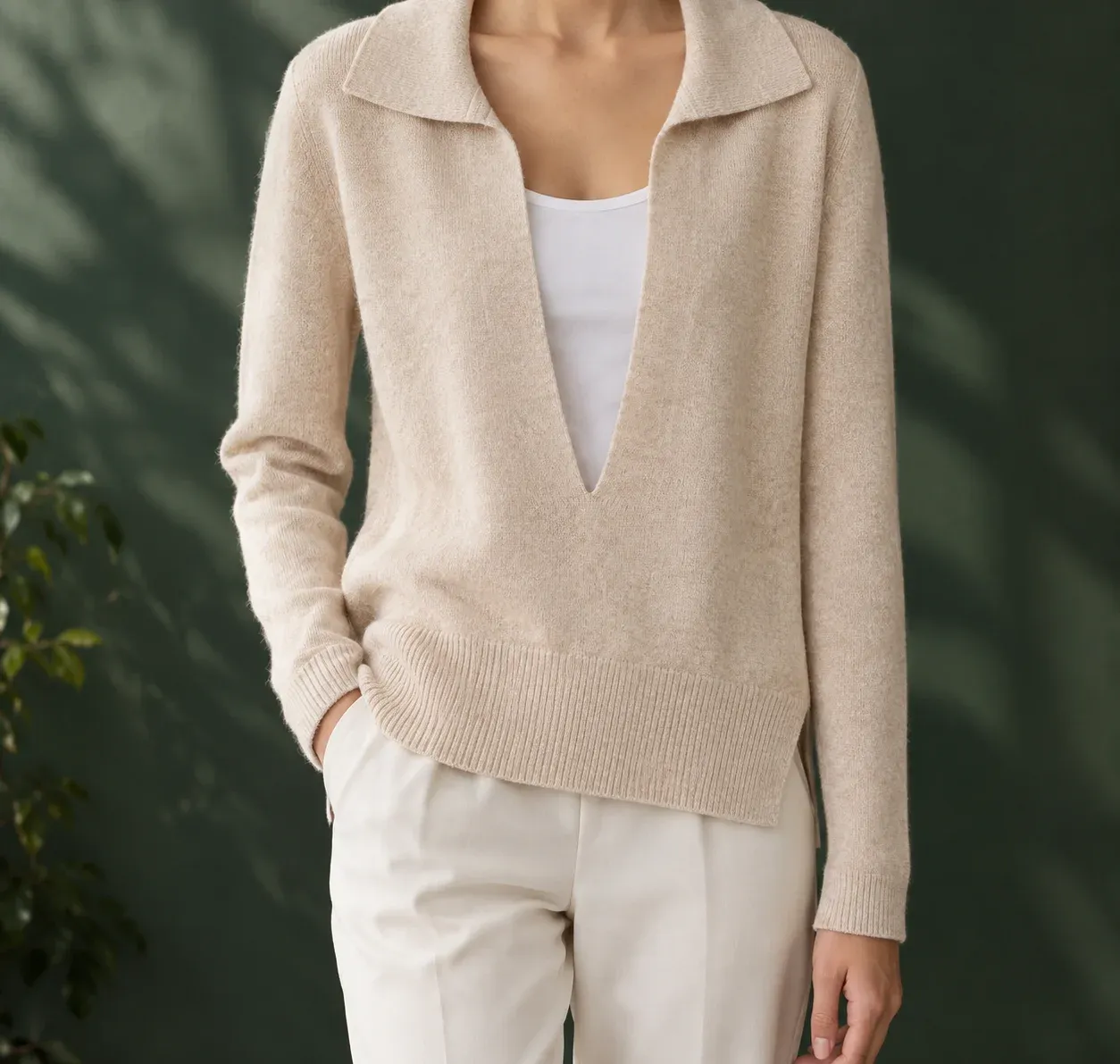 Leontine Inset Collar Sweater — Apricot worn view