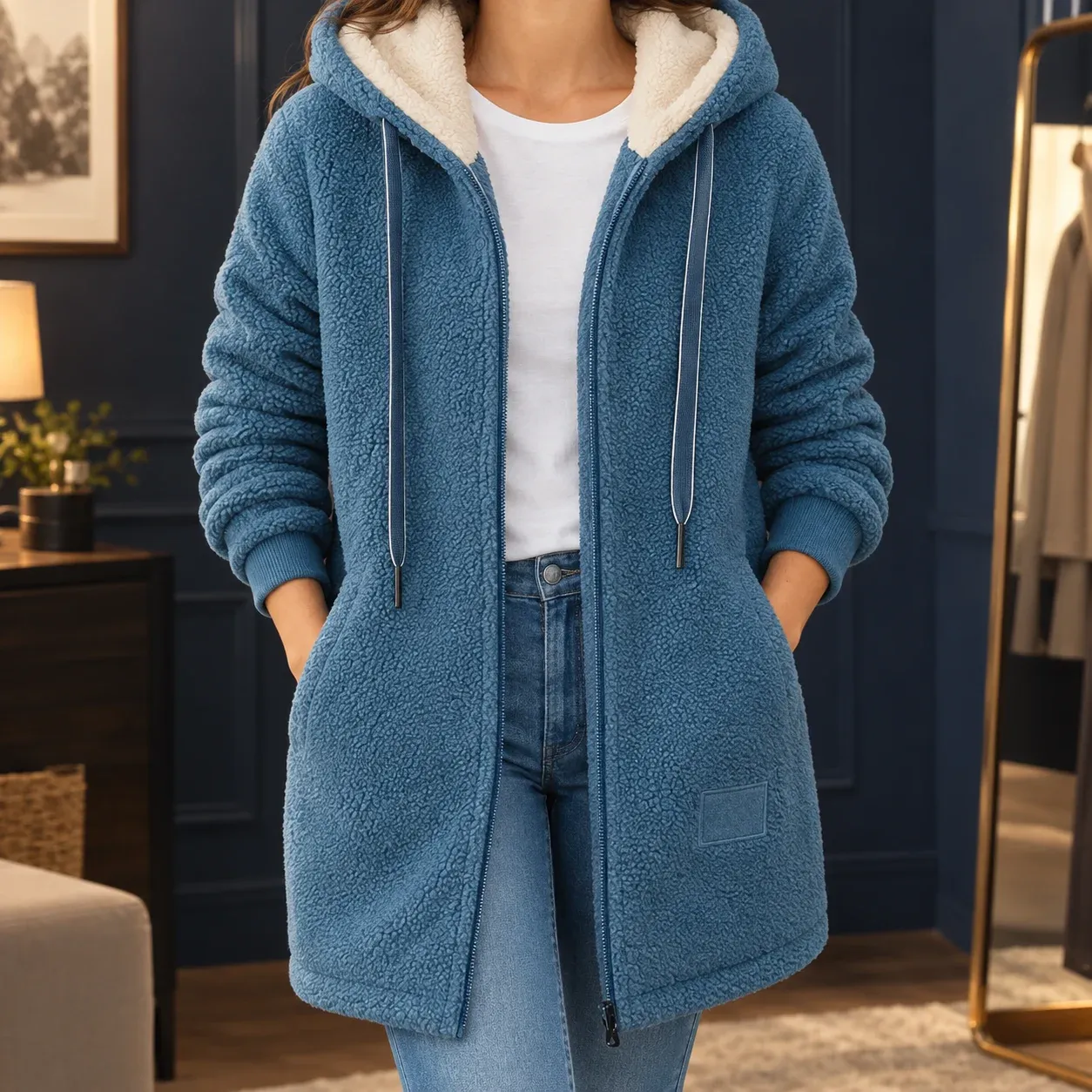 Fleur Hooded Fleece — Blue worn view