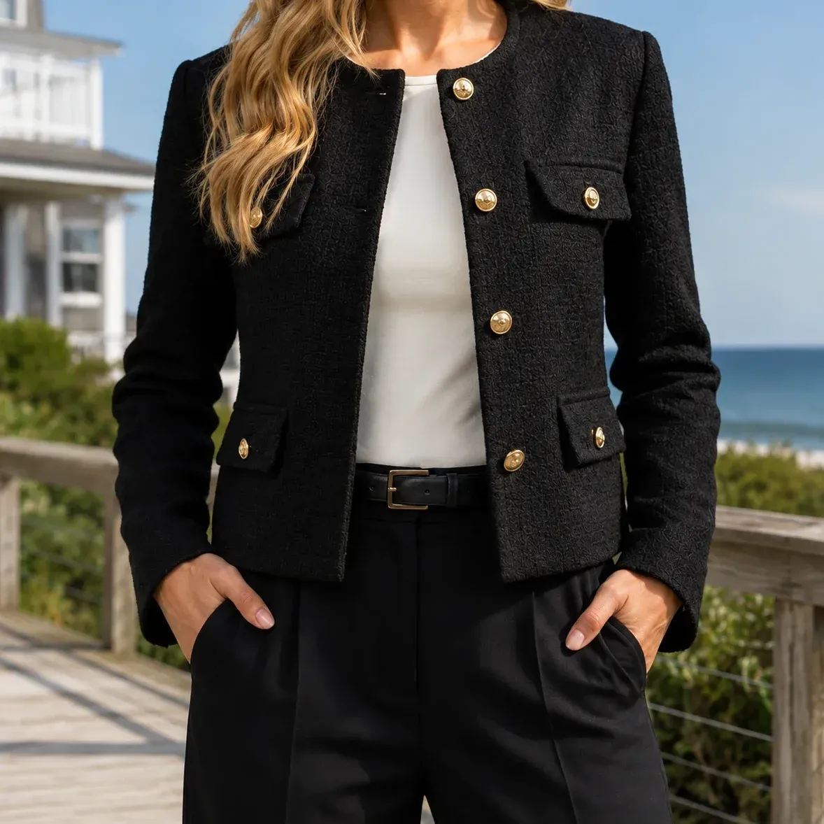 Hazel Button Jacket — Black cropped fit view