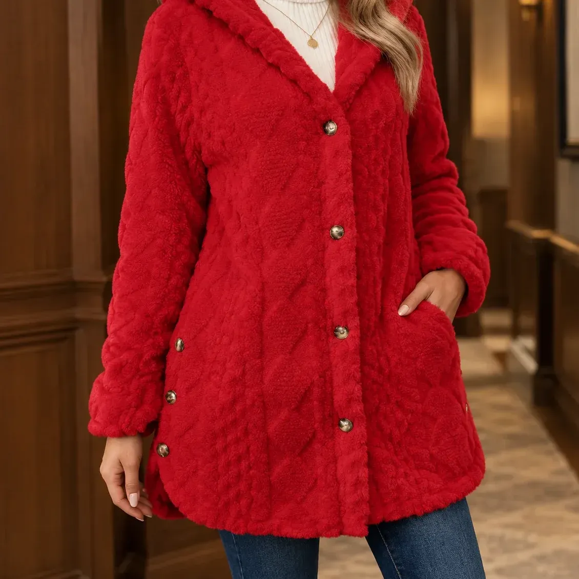Livia Textured Jacket — Red cropped fit view