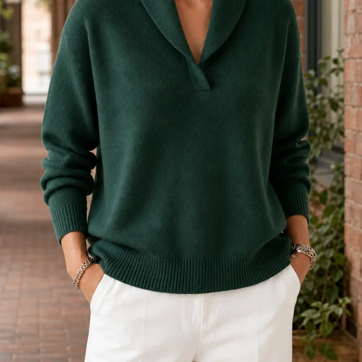 Freya Shawl Sweater — Green worn view